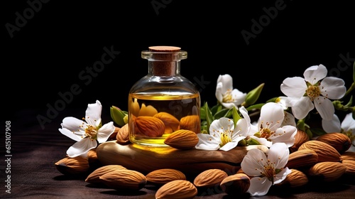 a glass bottle of almond oil with flower branch, Generative Ai photo