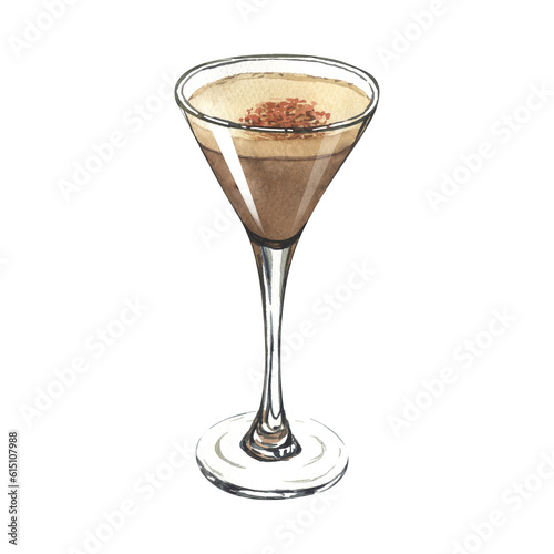 Watercolor glass of espresso martini. Hand-drawn illustration isolated on white background. Perfect for recipe lists with alcoholic drinks, brochures for cafe, bar