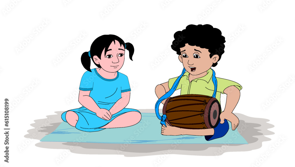 boy is playing drums and a girl is listening