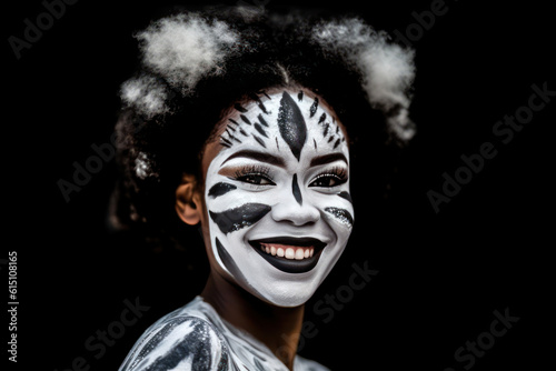 Smiling performer in white face and body paint with a black background.
