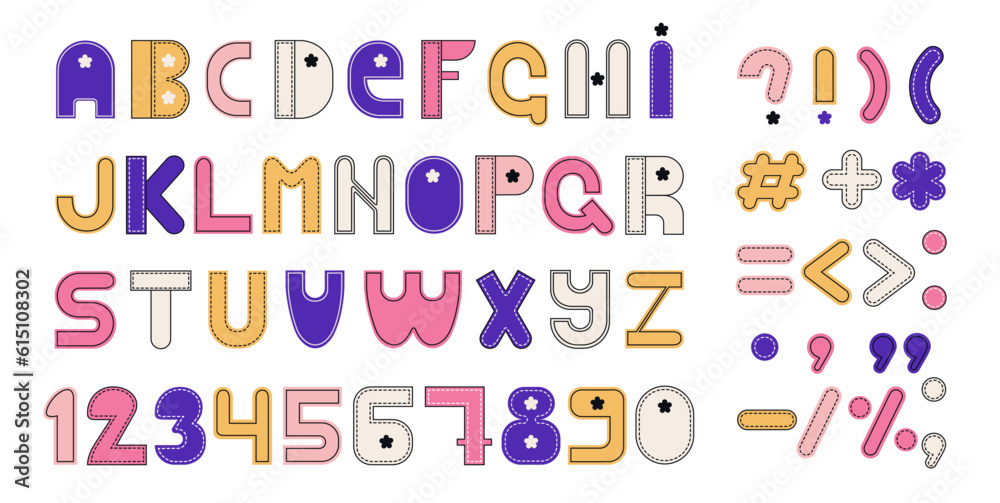 Cute alphabet, numbers, and symbols. Set of funky letters. Vector.