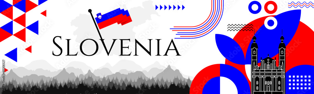 The Slovenia Independence Day abstract banner design with flag and map. Flag color theme geometric pattern retro modern Illustration design. Blue and red color template.
