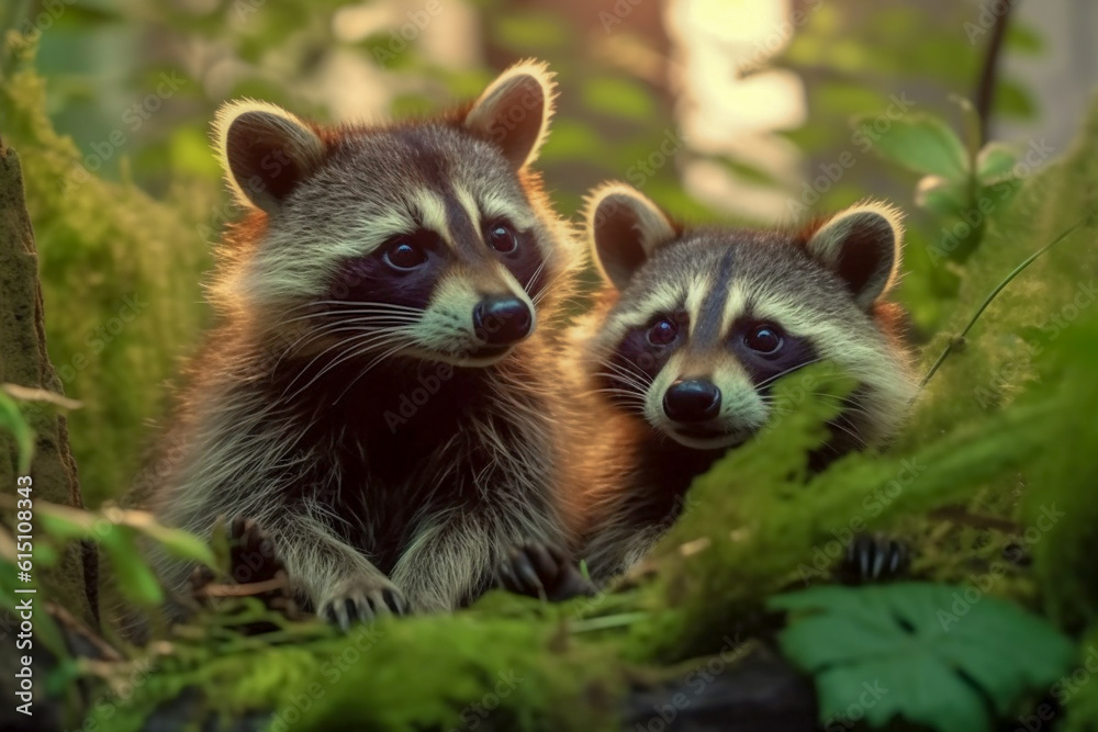 Two young raccoons hid in green vegetation in a dark forest. AI generated