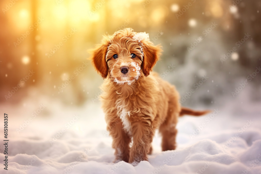 A cute, fluffy, red puppy is playing in the snow. AI generated