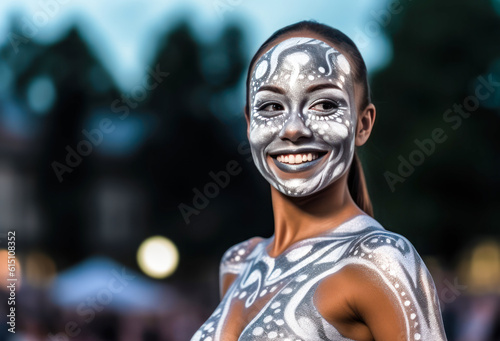 Women in black and white bodypaint in front of a blurry background.