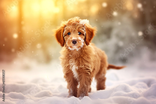 A cute, fluffy, red puppy is playing in the snow. AI generated