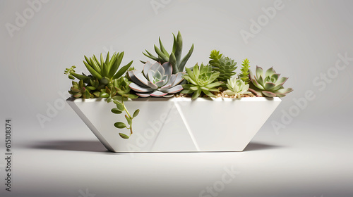 Modern geometric shaped planter housing an assortment of vibrant succulents