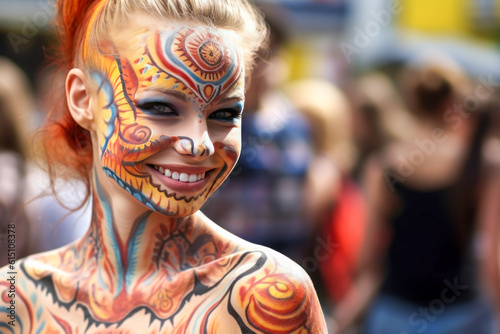 Smiling model at a festival in colourful bodypaint. © OPPERMAN
