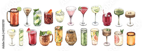 Watercolor cocktail glasses set: martini, gin, wine, margarita, goblet, liquor, rum. Hand-drawn illustration isolated on white background. Perfect for recipe lists with alcoholic drinks, for cafe
