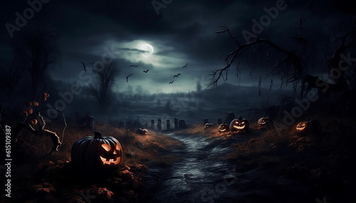 Dark Halloween landscape illustration with pumpkins, Generative AI
