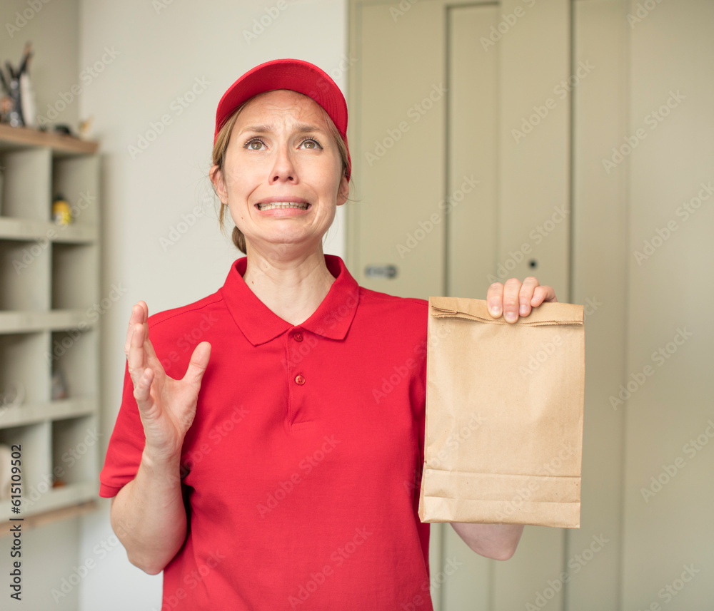screaming with hands up in the air. delivery and take away concept screaming with hands up in the air. delivery and take away concept