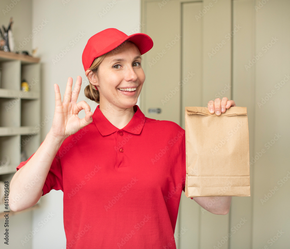 feeling happy, showing approval with okay gesture. delivery and take away concept feeling happy, showing approval with okay gesture. delivery and take away concept