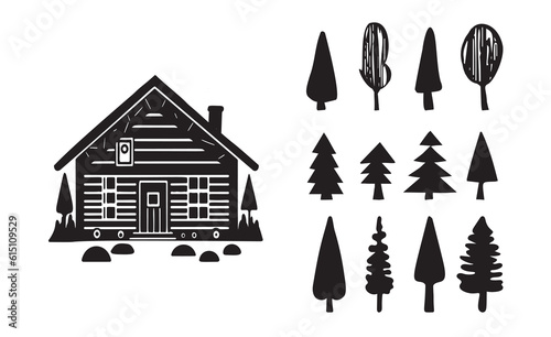 Set of log cabin and alpine fir tree vector illustrations. Masculine outdoor travel in nordic linocut chalet in Scandinavian holiday group