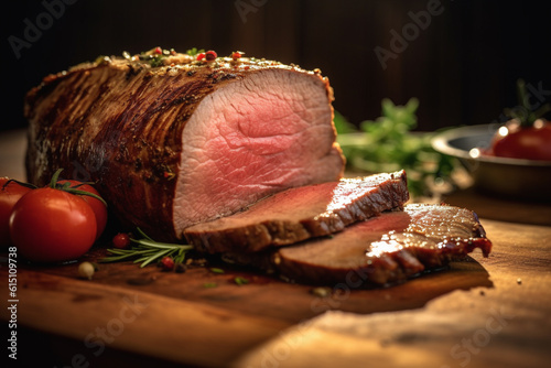 Ready to eat gourmet roast beef. Generative AI image.