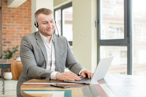 smiling and looking with a happy confident expression. telemarketer concept