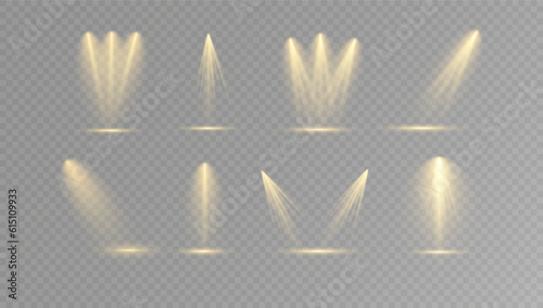 Spotlight. Vector set of light. Studio lighting. Stage spotlight. Rays of light.