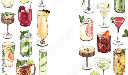 Watercolor frame, cocktail glasses: martini, gin,margarita,mojito,liquor,rum,moscow mule. Hand-drawn illustration isolated on white background. Perfect for recipe lists with alcoholic drinks, for cafe
