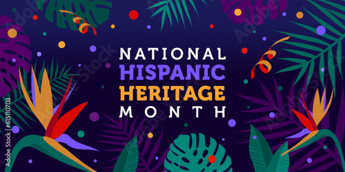 Hispanic heritage month. Vector web banner, poster, card for social media, networks. Greeting with national Hispanic heritage month text, tropical flowers on purple background with blue, yellow color.