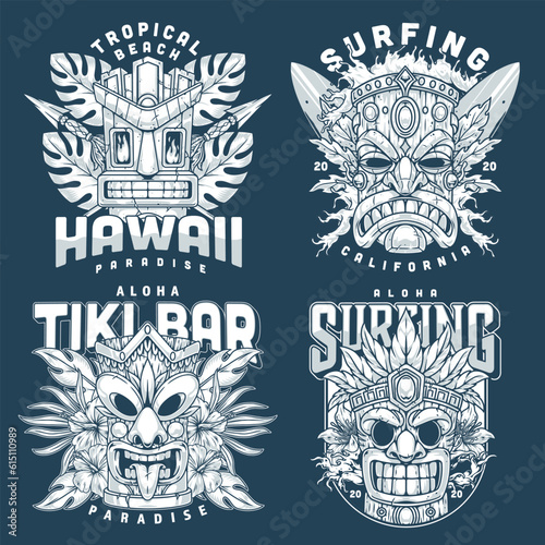 Hawaiian tiki set stickers monochrome