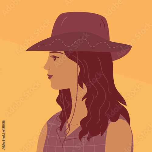 Young beautiful girl in a cowboy hat. Portrait of a woman. Long hair, pretty face. Wild west. Western Texas. Cartoon vector illustration © Mikhail Ognev