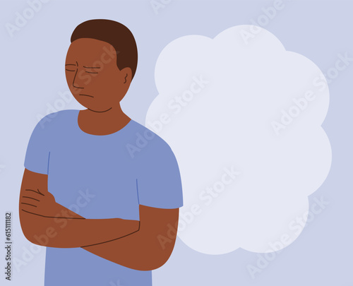 Distressed and offended young african american man. Bubble for text. Frustration, anger and disappointment. Negative emotions. Flat vector illustration