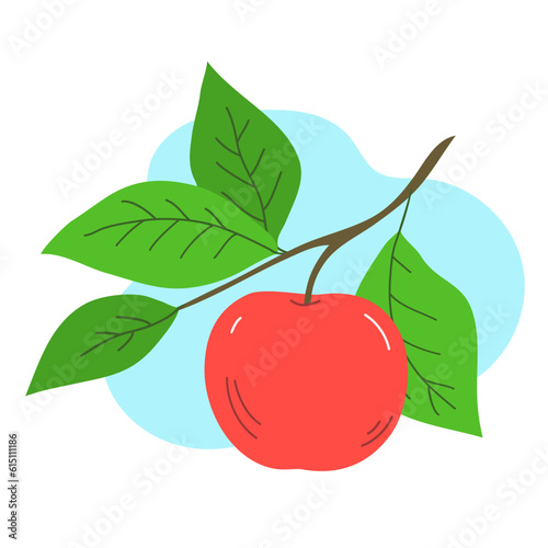 Appetizing red apple on a tree branch. Green leaves. Healthy food. Garden and harvest. Cartoon vector illustration isolated on white background