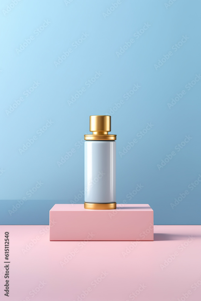 A bottle of perfume sitting on top of a pink box. Generative AI. Blank perfume, beauty product mockup. A bottle of perfume sitting on top of a pink box. Generative AI. Blank perfume, beauty product mockup.