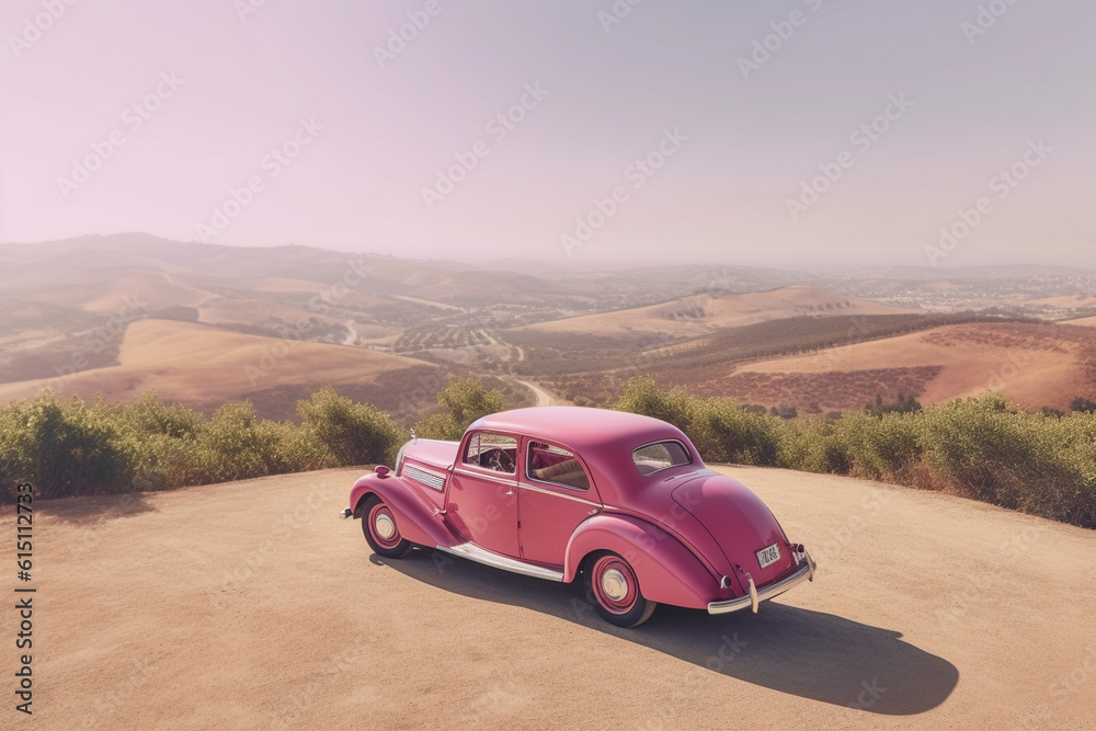 Fototapeta premium Pink retro car parked on a scenic overlook, offering panoramic views of rolling hills and valleys, enhancing a romantic atmosphere, scenic background Generative AI