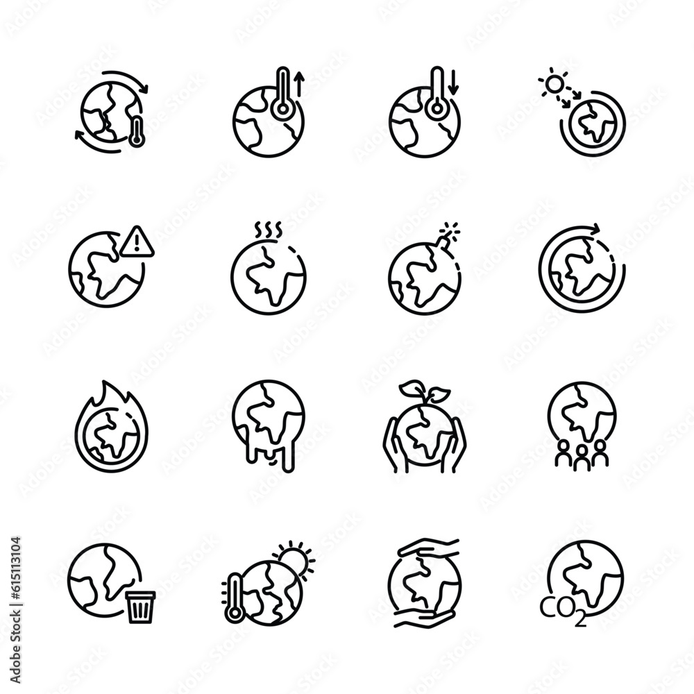 Set of climate change icons, Global warming effect , earthquake, flooding, extreme temperature, ice melting. vector illustration Set of climate change icons, Global warming effect , earthquake, flooding, extreme temperature, ice melting. vector illustration