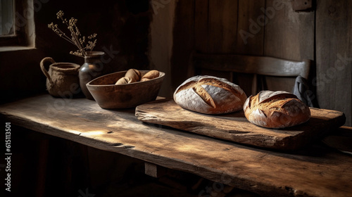 A rustic wooden table adorned with freshly baked artisan bread and a pat of butter