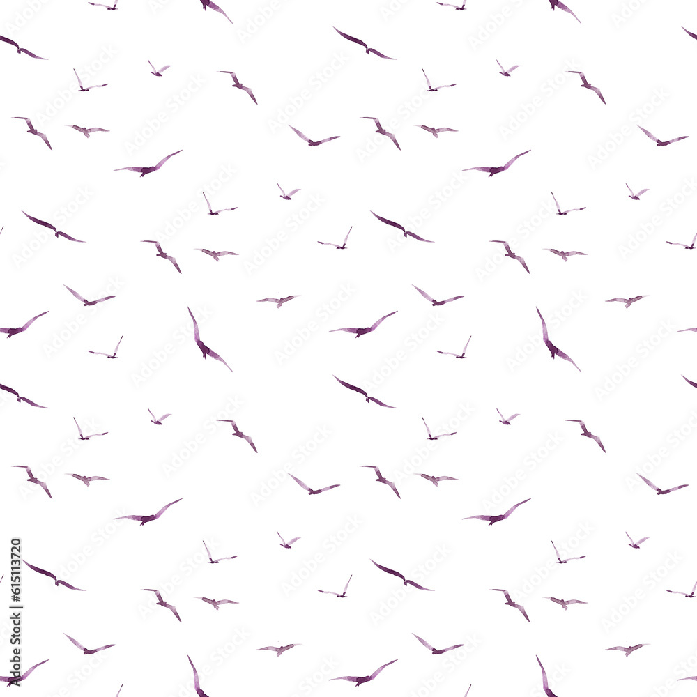 Seamless pattern of flying purple birds on a white background. Watercolor birds. Seamless pattern of flying purple birds on a white background. Watercolor birds.