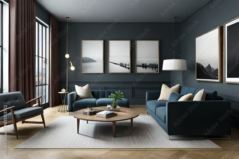 3D mockup of canvas frame with a frame in a modern home, living room, bedroom interior background, showcasing a room in light pastel colors, Created using AI 3D mockup of canvas frame with a frame in a modern home, living room, bedroom interior background, showcasing a room in light pastel colors, Created using AI