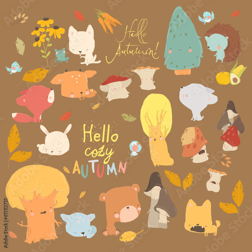 Cartoon Autumn Set with Woodland Animals and Trees