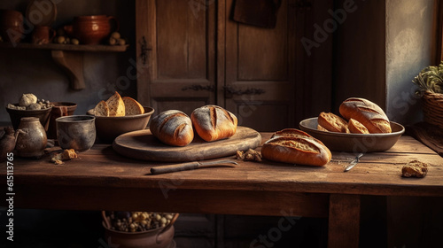 A rustic wooden table adorned with freshly baked artisan bread and a pat of butter
