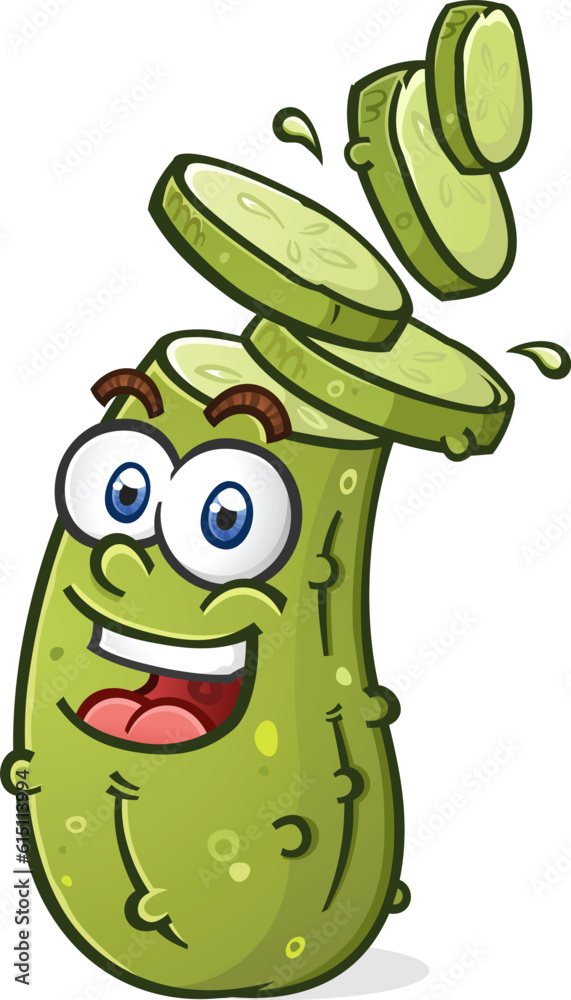Pickle cartoon character with his head sliced into sandwich style dill pickle slices with a big