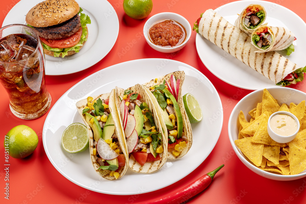 Mexican food featuring tacos, burritos, nachos, burgers