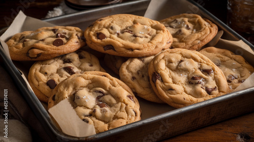 A tray of freshly baked chocolate chip cookies, still warm and gooey
