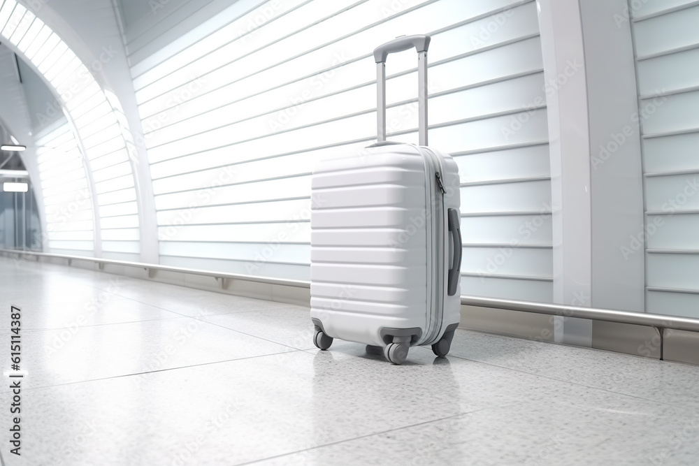A white suitcase sitting on top of a tiled floor. Generative AI.