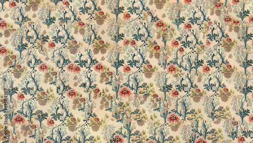 a wallpaper pattern of trees and flowers