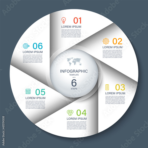 Vector infographic circle. Cycle diagram with 6 steps. Round chart that can be used for report, business analytics, data visualization and presentation. White template on dark background.