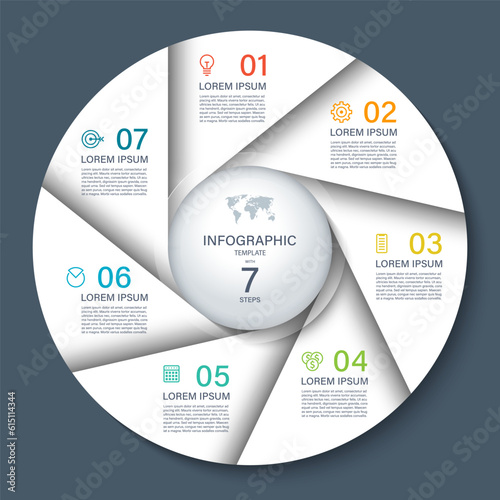 Vector infographic circle. Cycle diagram with 7 steps. Round chart that can be used for report, business analytics, data visualization and presentation. White template on dark background.