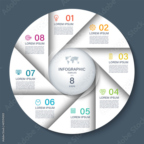 Vector infographic circle. Cycle diagram with 8 steps. Round chart that can be used for report, business analytics, data visualization and presentation. White template on dark background.