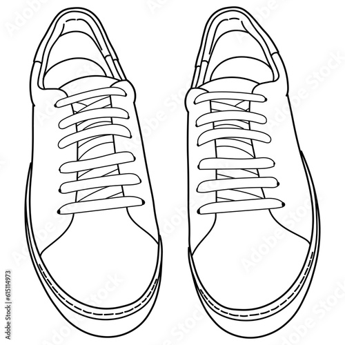 hand drawn sneakers, gym shoes, top view. Image in different views - front, back, top, side, sole and 3d view. Doodle vector illustration.