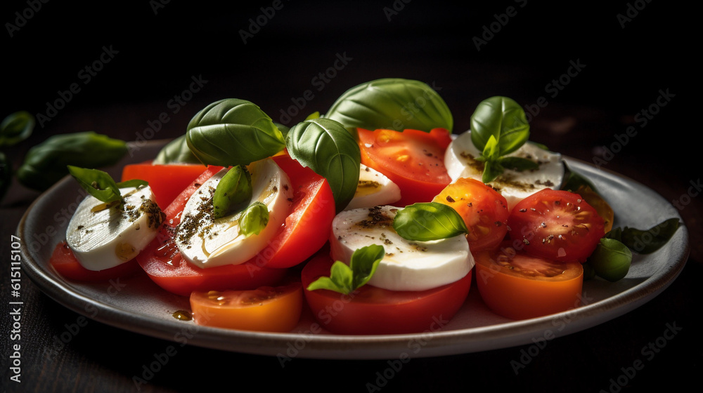 A close-up of a mouthwatering Caprese salad with ripe tomatoes, mozzarella, and basil leaves A close-up of a mouthwatering Caprese salad with ripe tomatoes, mozzarella, and basil leaves