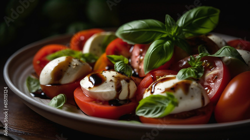A close-up of a mouthwatering Caprese salad with ripe tomatoes, mozzarella, and basil leaves