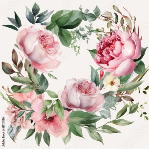 Foliage frame with pink roses and peony. Watercolor floral wreath of summer flowers for wedding invitation isolated on white background. Generative AI.