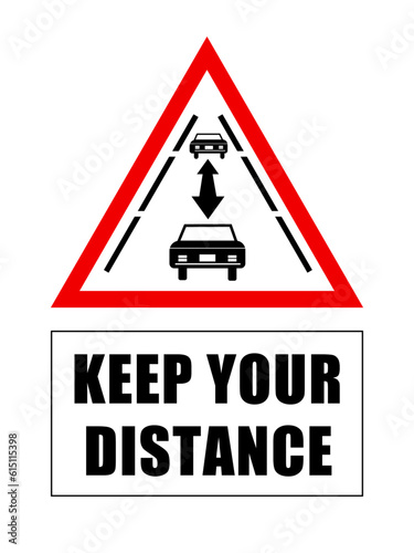 Keep your distance, triangle warning road sign with two moving cars far apart on the same lane. 