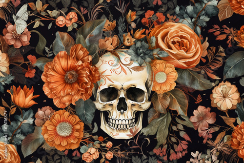 Stunning Halloween floral decoupage pattern with skulls, Generative AI