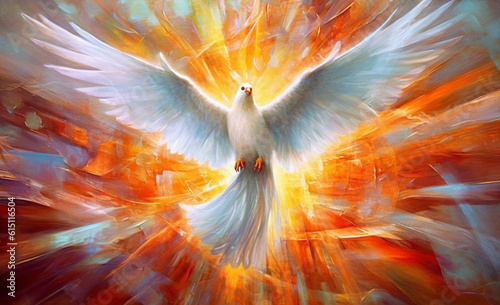Dove of Divine Light: Depiction of the Holy Spirit as a Dove. The outpouring of the Holy Spirit and the dawn of golden light: symbols of Easter, the Eucharist and the dove. Generative AI,