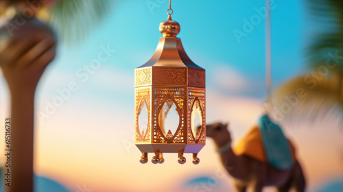 Islamic background with a hang lantern, with copy space for text, design concept of Ramadan Kareem Eid ul Adha Banner Background